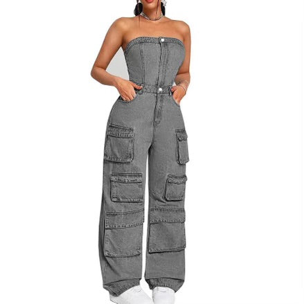 Women’s strapless cargo combat jeans overall baggy jeans jumpsuit