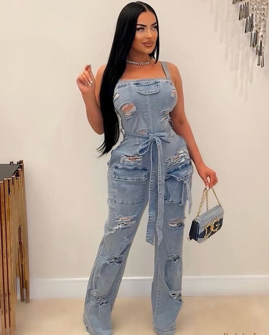 Ladies jeans jumpsuit shredded jeans denim jumpsuit