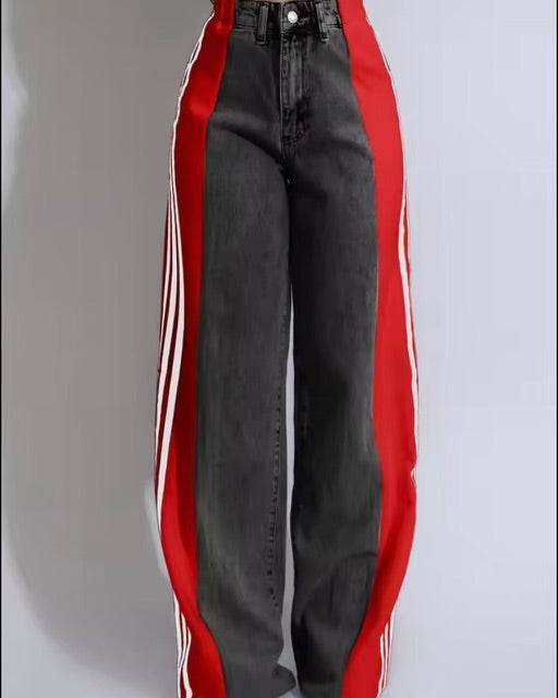 Womens fashion stripes mixed jeans denim mixed pants/trouser
