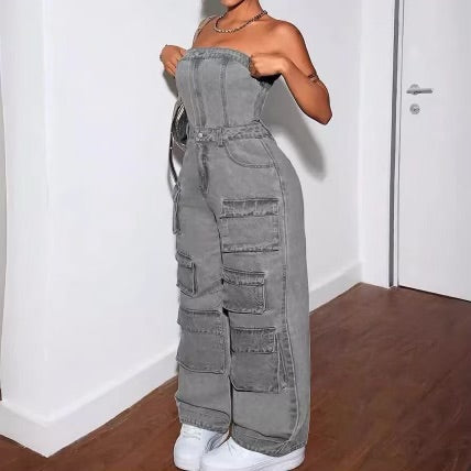 Women’s strapless cargo combat jeans overall baggy jeans jumpsuit