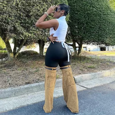 Womens belt knees belt jeans denim pants