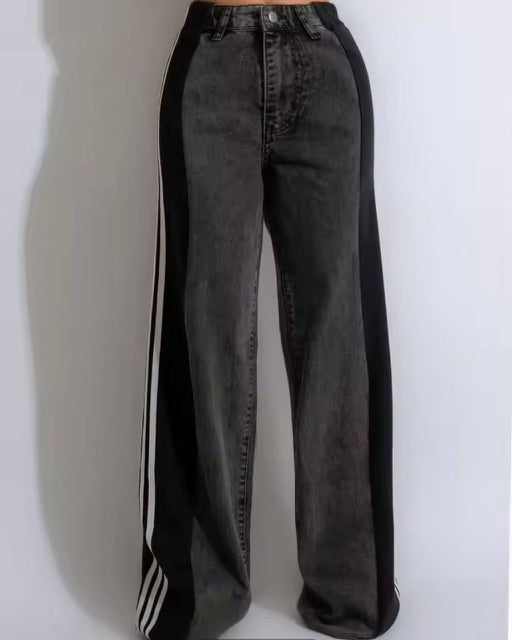 Womens fashion stripes mixed jeans denim mixed pants/trouser