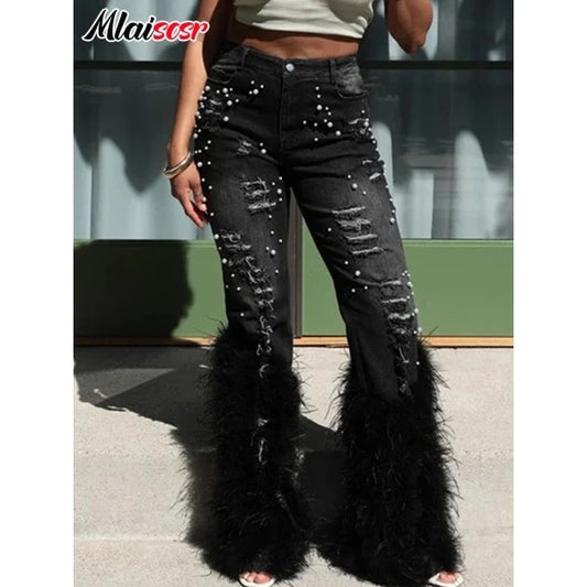 Womens black feathers ripped jeans