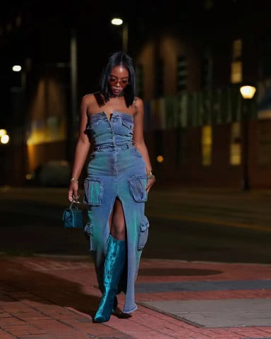 Womens classy fashion denim jeans strapless jeans dress denim gowns