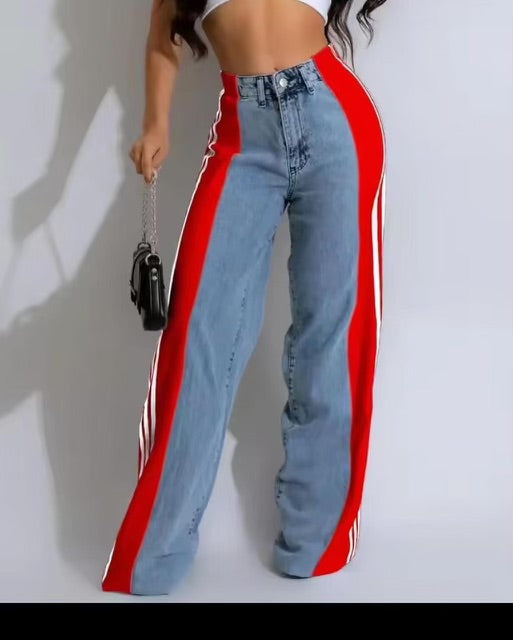 Womens fashion stripes mixed jeans denim mixed pants/trouser